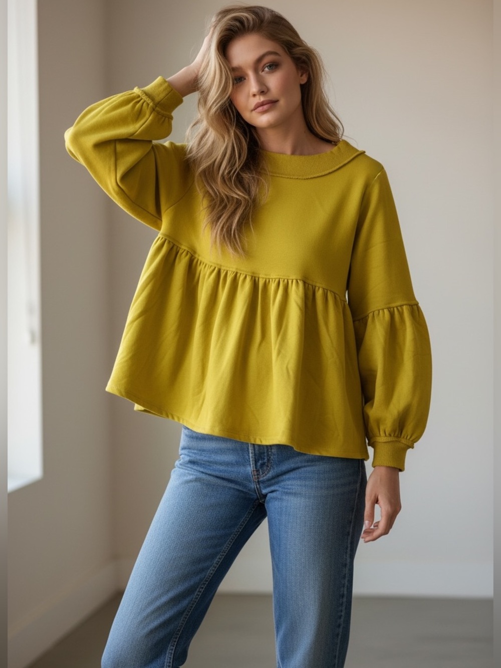 556. Puff Sleeve Peplum French Terry Sweatshirt